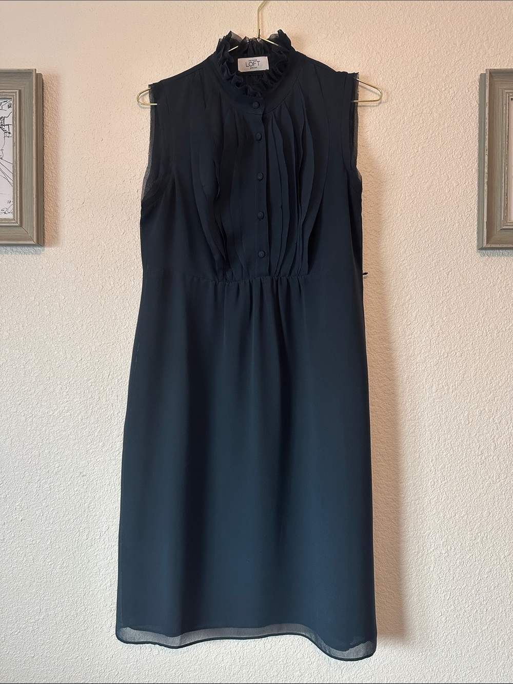 LOFT Dark Teal Sleeveless Pleated Front  Ruffle Neck Midi Dress No Sz Tag 6P/8P